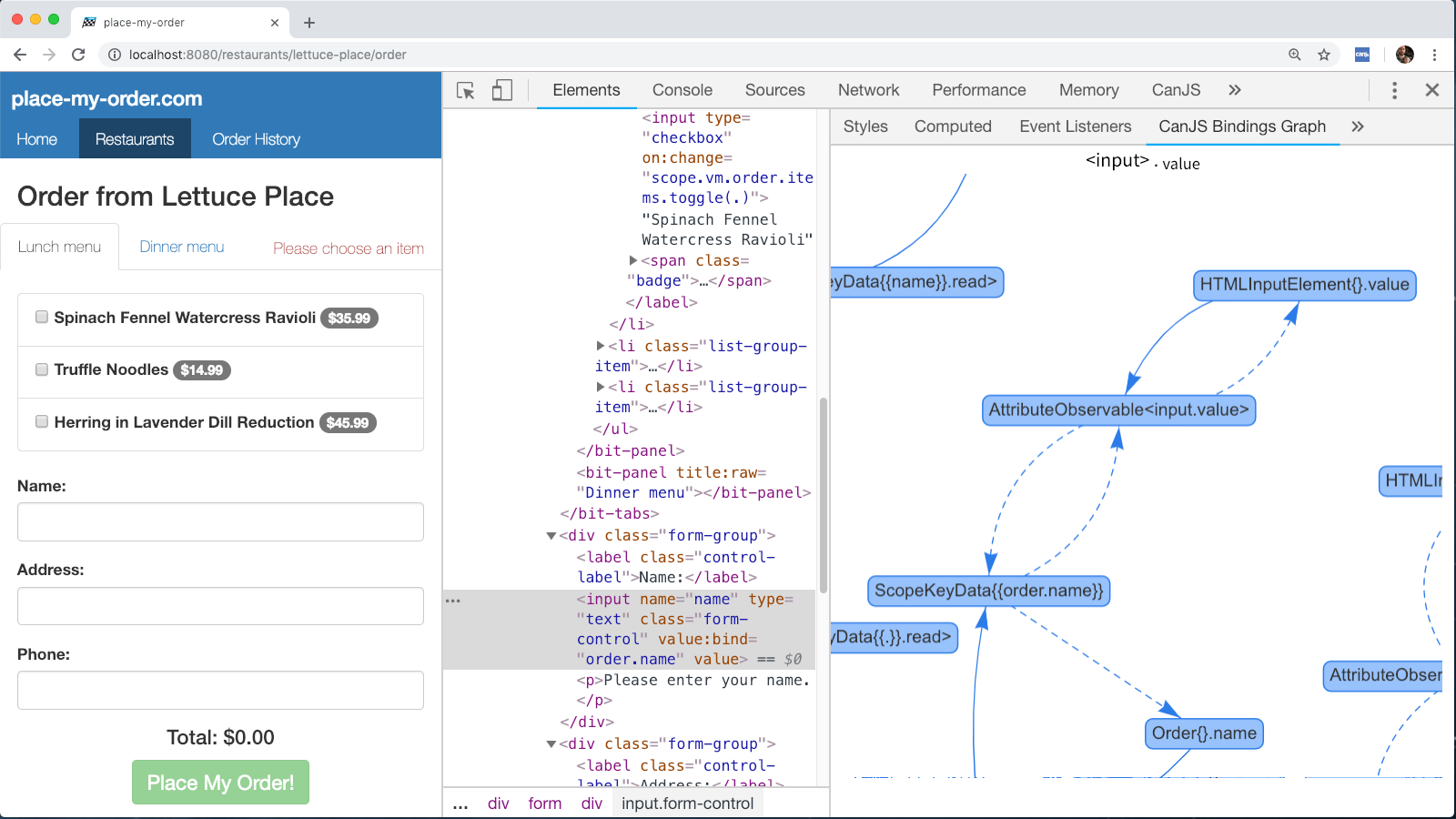 The CanJS Devtools Bindings Graph for Element